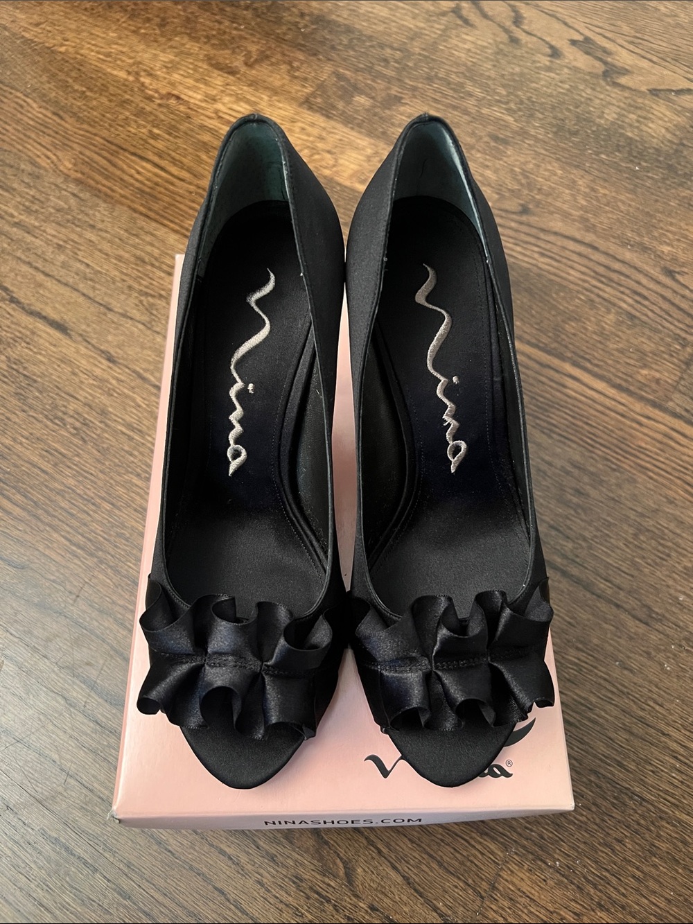 Nina Black Satin Peep-Toe Pumps with Ruffle Detail